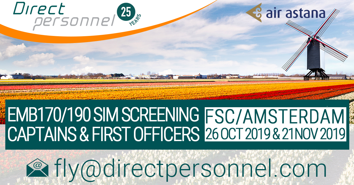 Embraer Pilots, EMB 170/190 SIM Screening, Captains, First Officers, Fly for Air Astana, FSC, contact Direct Personnel