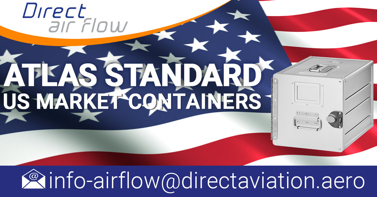 atlas containers, atlas standard units, atlas carriers, airline storage containers, cabin storage, galley insert equipment, aluminium aircraft interior containers, aluminium standard units, US market  – Direct Air Flow
