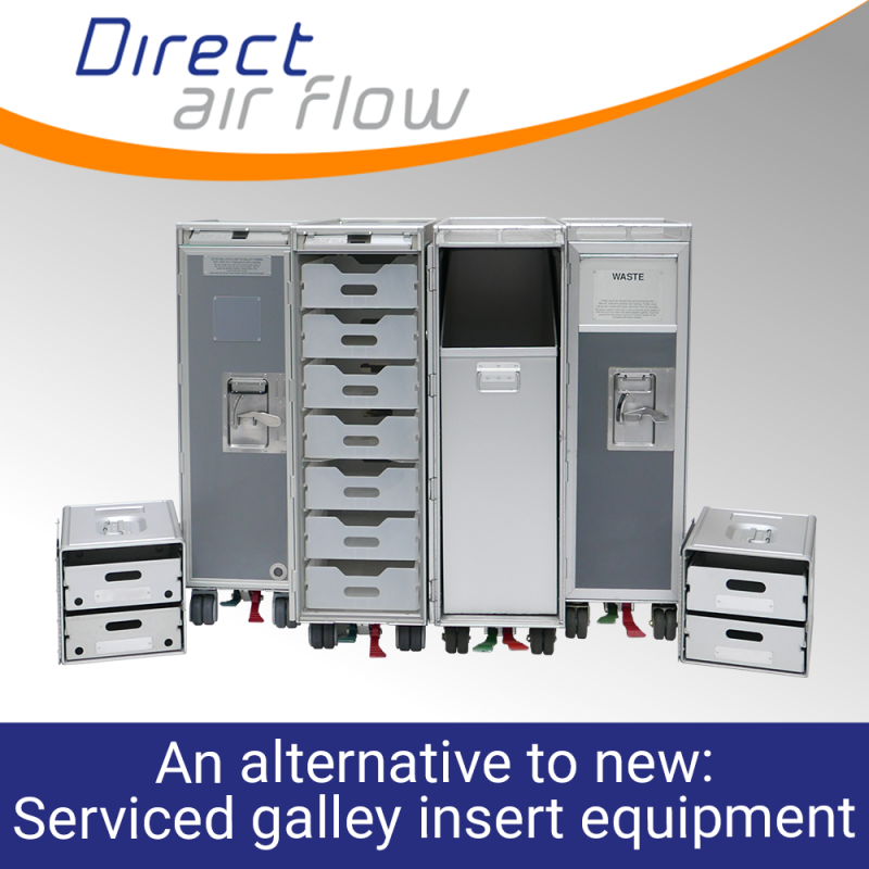 overhauled galley insert equipment, used galley inserts, serviced galley insert equipment, used airline carts, used airline trolleys, used containers, used drawers - Direct Air Flow