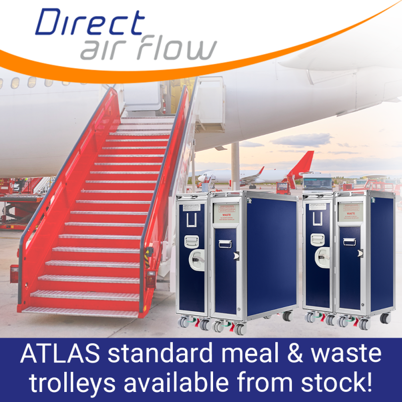 Food and beverage trolley, meal trolley, catering trolley, airline trolley, airline cart, ATLAS trolleys, service carts, service trolleys, meal service trolley, half size trolley, full size trolley - Direct Air Flow