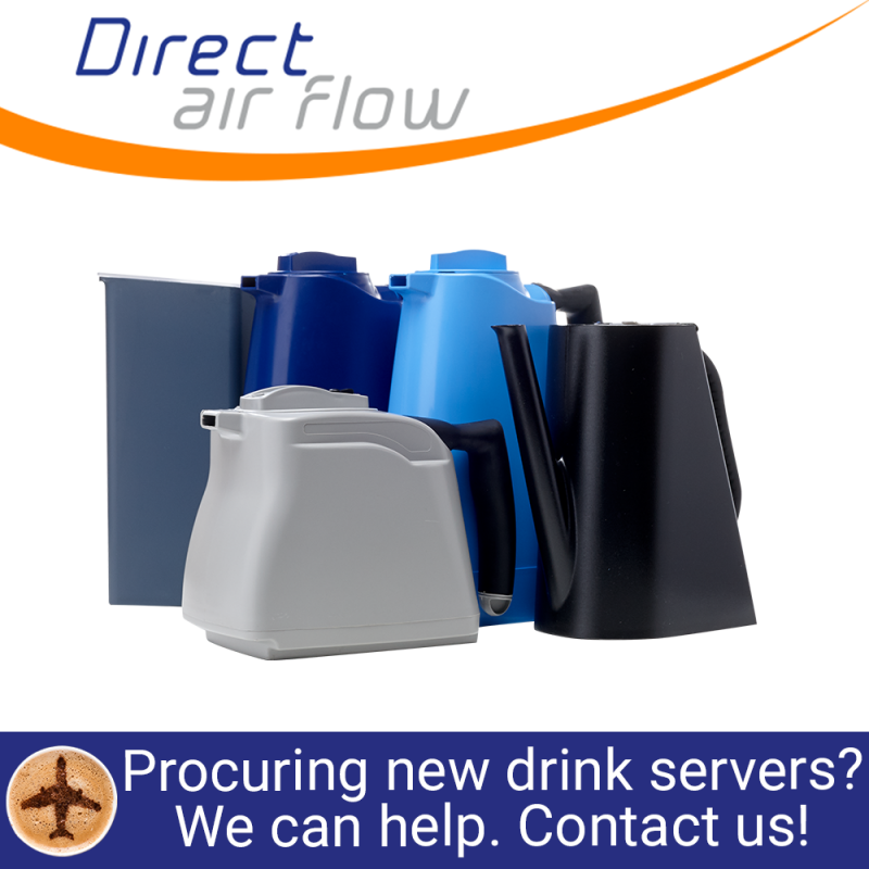 beverage service, drink servers, hot drink servers, cold drink servers, coffee jugs, tea server, juice server, serving drinks, inflight passenger service, beverage service, airline catering - Direct Air Flow