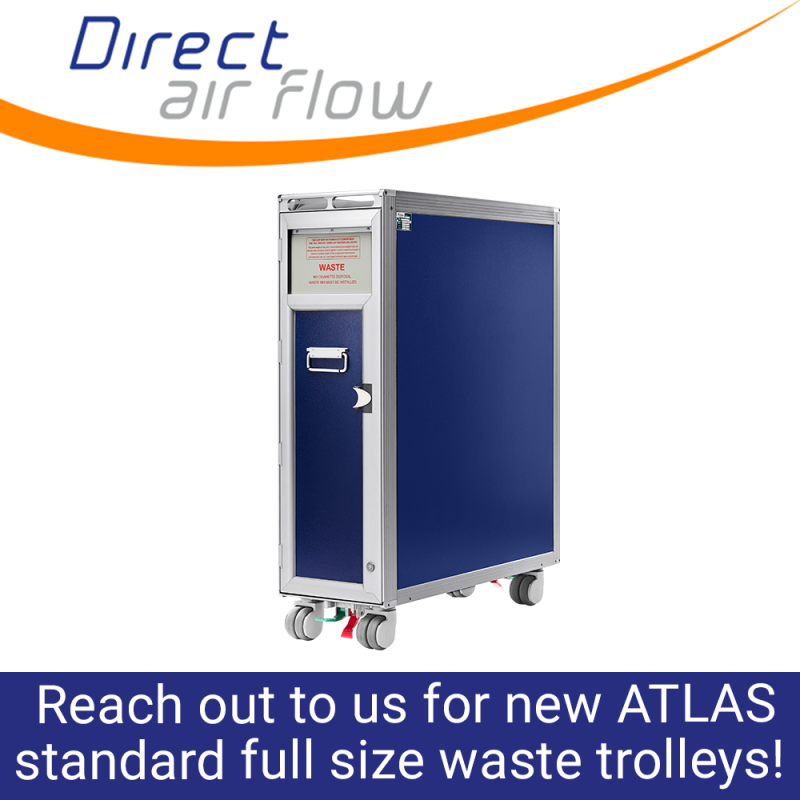 ATLAS standard waste trolleys, aircraft galley waste collection trolleys, cabin waste collection trolleys, ATLAS airline waste carts, inflight waste management trolleys, ATLAS full size waste trolleys - Direct Air Flow