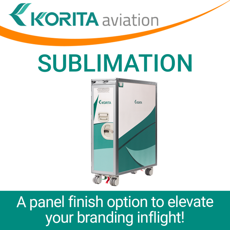 sublimation news, trolley news, sublimation, brand exposure inflight, sublimated trolleys, sublimated carts, trolley external panel finish options, airline branding, galley insert equipment branding, sublimation experts - Korita Aviation