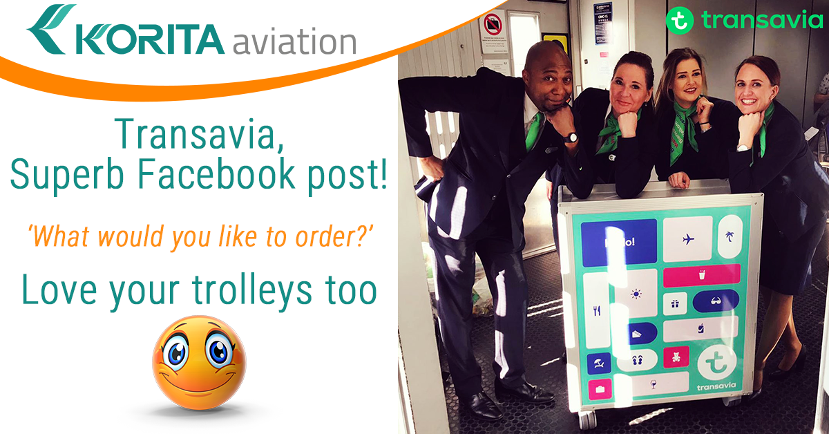 Transavia team next to the new inflight catering trolleys manufactured by Korita Aviation