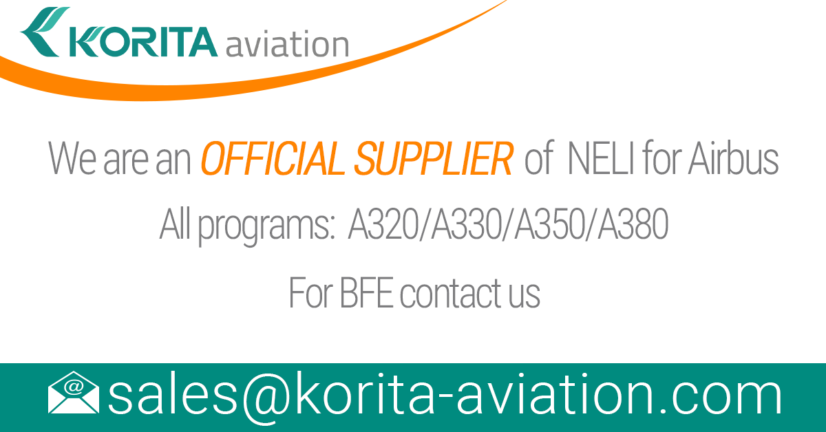 Korita Aviation is pleased to announce the completion of the approval and qualification process and are now a new supplier of NELI for Airbus.  As of today, we are an official supplier of NELI for Airbus Aircraft, all programs: A320/A330/A380/A35