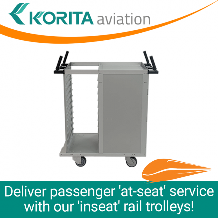 at-seat rail trolleys, inseat rail trolley, on-train service trolley, railcar catering trolley, rail catering trolley manufacturer, rail catering caddy, rail catering cart - Korita Aviation