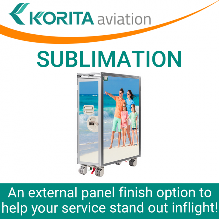 sublimation news, trolley news, sublimation, brand exposure inflight, sublimated trolleys, sublimated carts, trolley external panel finish options, airline branding, galley insert equipment branding, sublimation experts - Korita Aviation